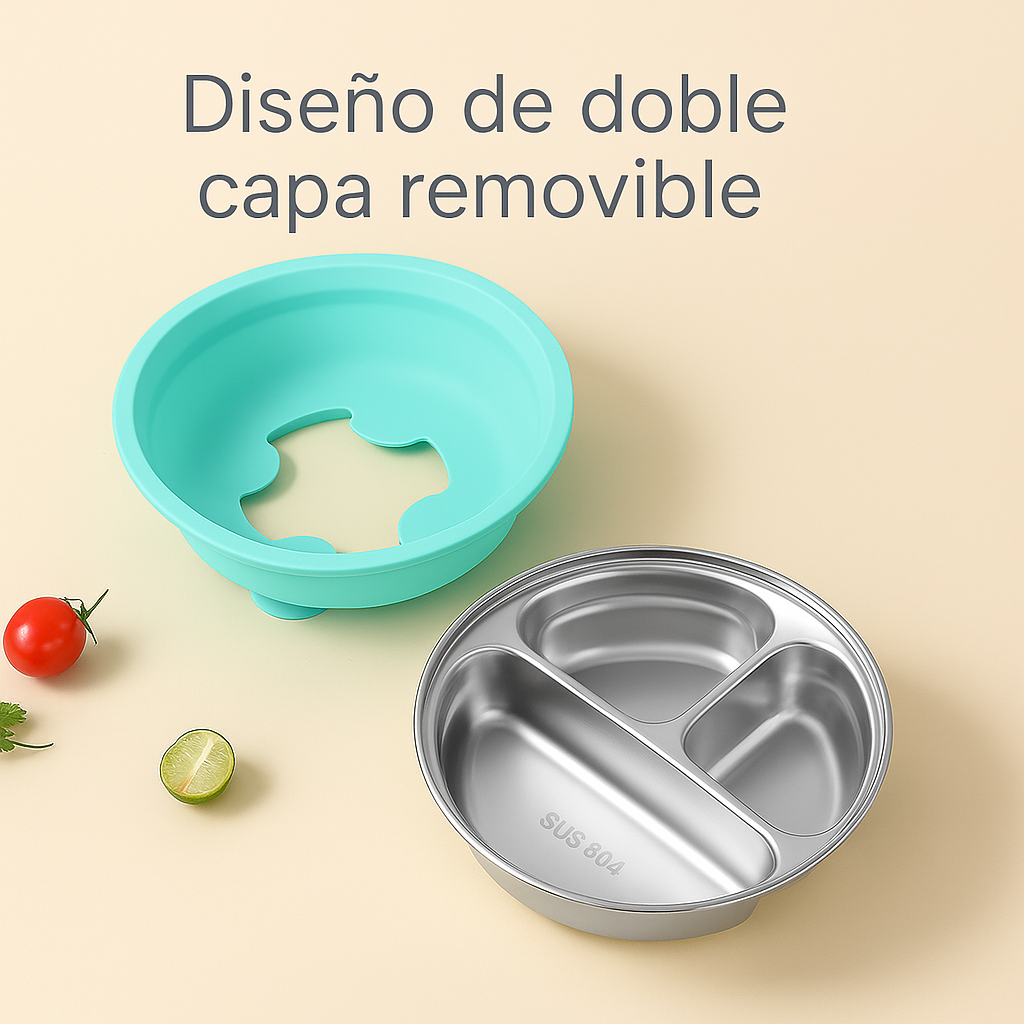 Plato hondo Infantil de Acero Inoxidable con Ventosa Antideslizante | Libre de Plásticos | Resistente a Caídas