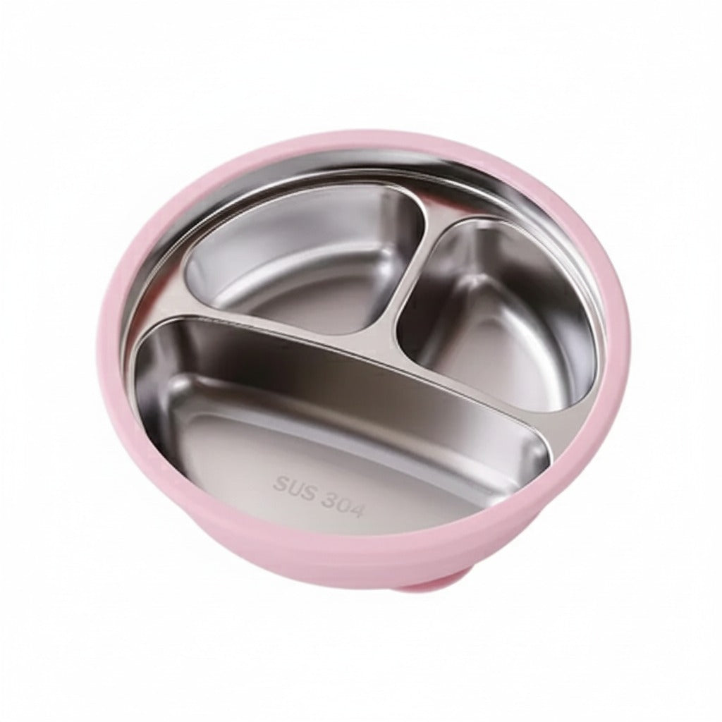 Plato hondo dividido bebé de acero inoxidable con ventosa antideslizante color rosa. Libre de BPA y apto para BLW