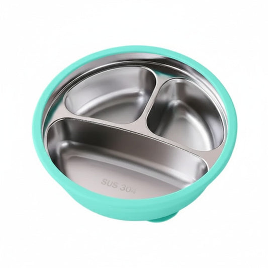 Plato hondo dividido bebé de acero inoxidable con ventosa antideslizante color azul turquesa , libre de BPA apto para baby led weaning