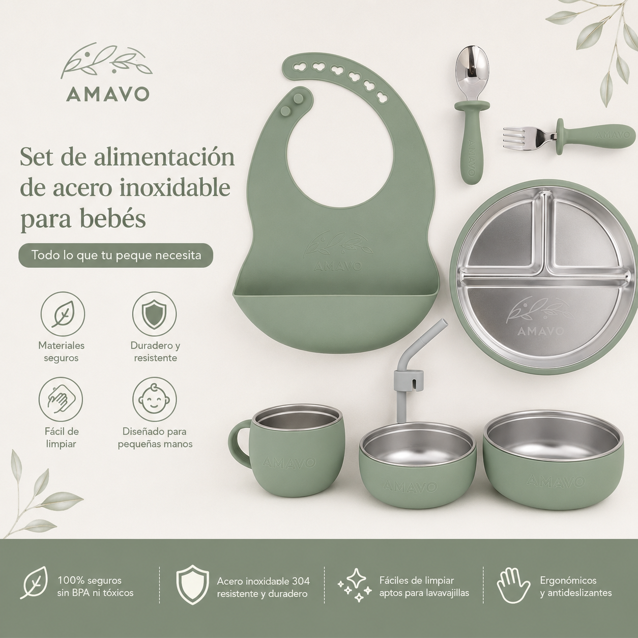 Cuencos ,Taza y Pajita, Sistema 2 en 1 para Bebé de Acero Inoxidable y Silicona - Libre BPA