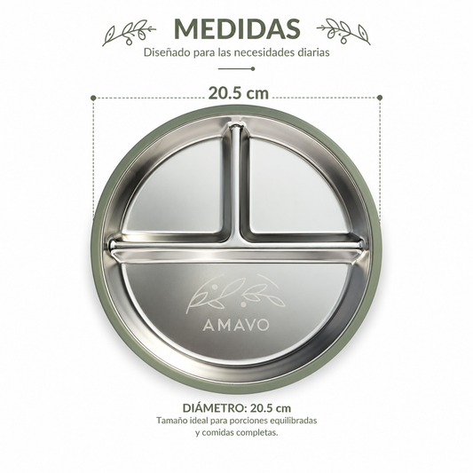 Diseño y medidas del plato dividido de acero inoxidable y silicona de grado alimentario para bebé, BLW y alimentación complementaria Amavo