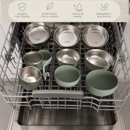 Cuencos ,Taza y Pajita, Sistema 2 en 1 para Bebé de Acero Inoxidable y Silicona - Libre BPA