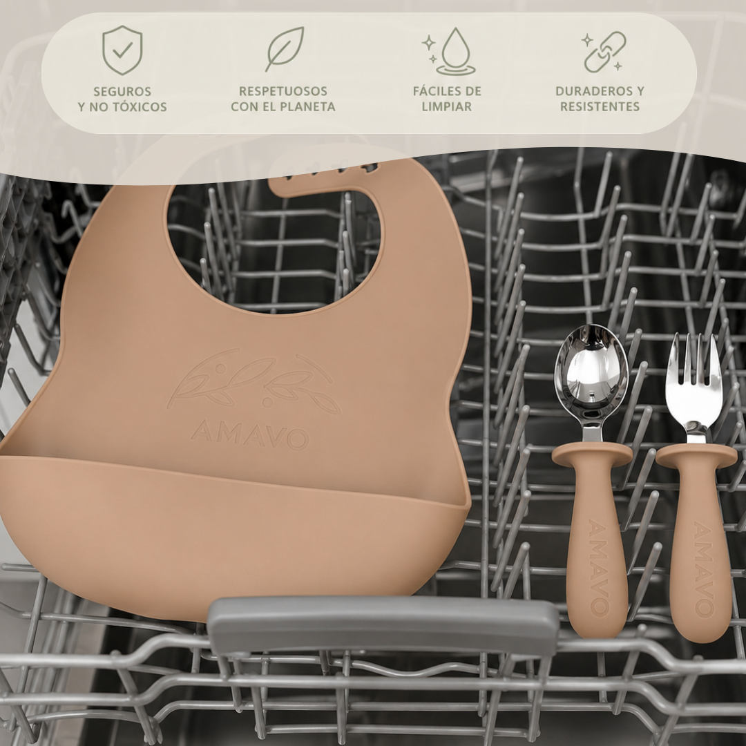 Cubiertos y Babero de Silicona y Acero Inoxidable para Bebé – BLW, Libre de BPA