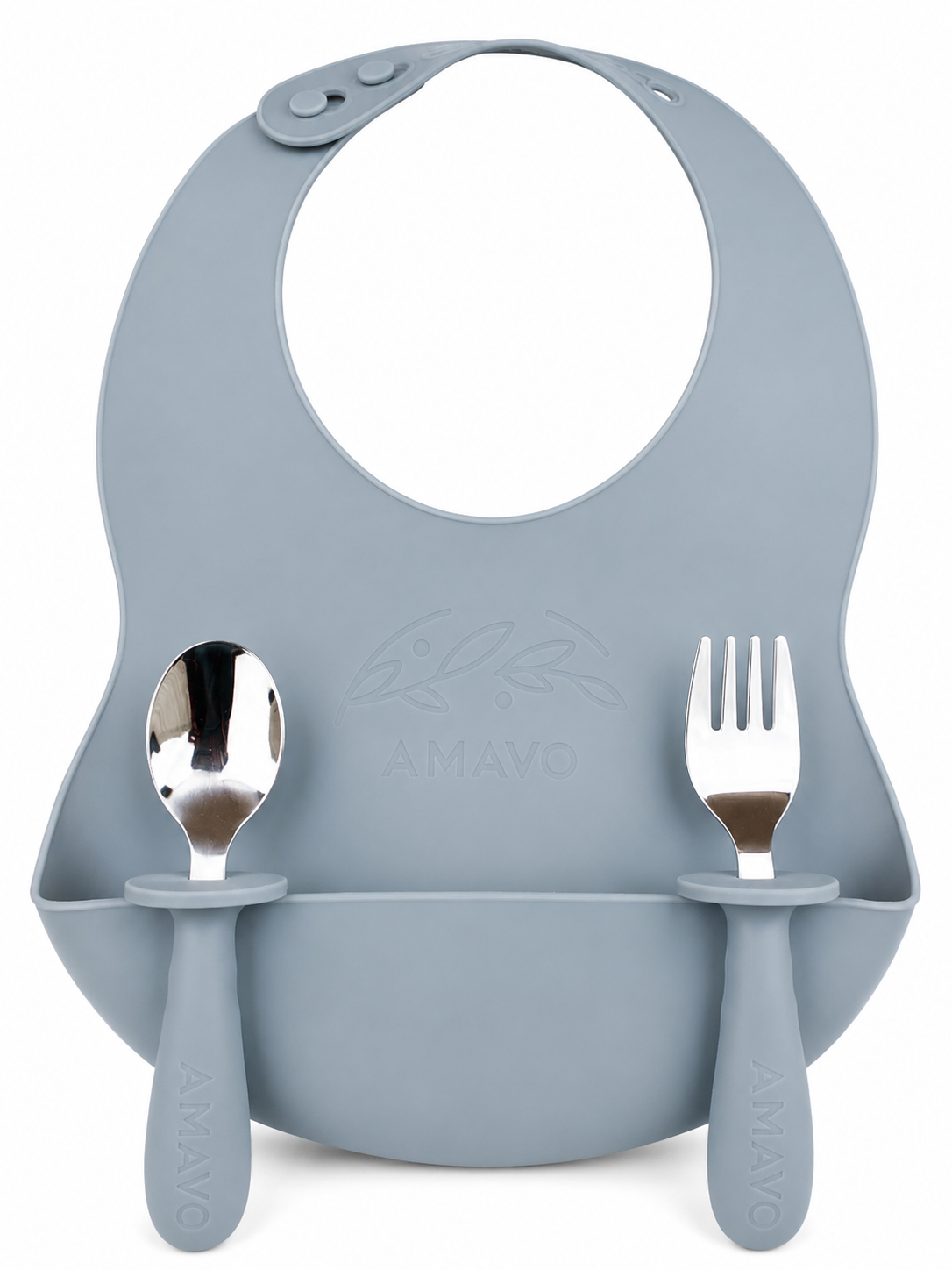 Cubiertos y Babero de Silicona y Acero Inoxidable para Bebé – BLW, Libre de BPA