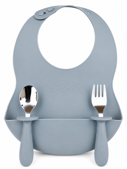 Cubiertos y Babero de Silicona y Acero Inoxidable para Bebé – BLW, Libre de BPA