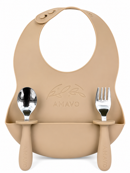 Cubiertos y Babero de Silicona y Acero Inoxidable para Bebé – BLW, Libre de BPA