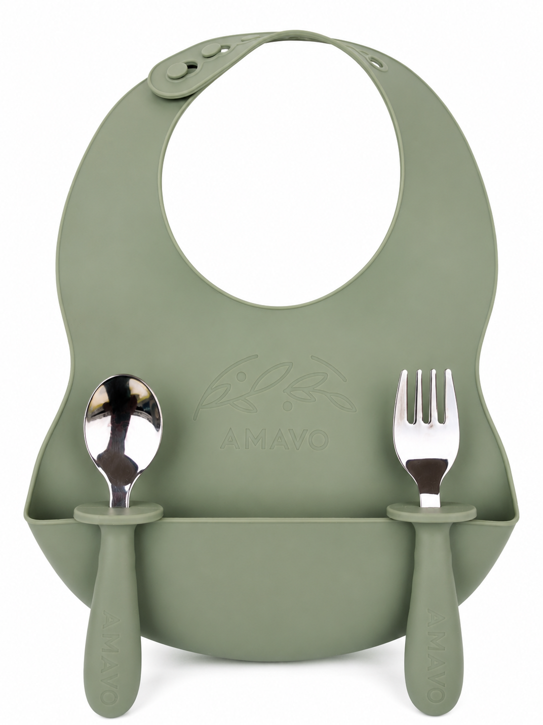 Cubiertos y Babero de Silicona y Acero Inoxidable para Bebé – BLW, Libre de BPA