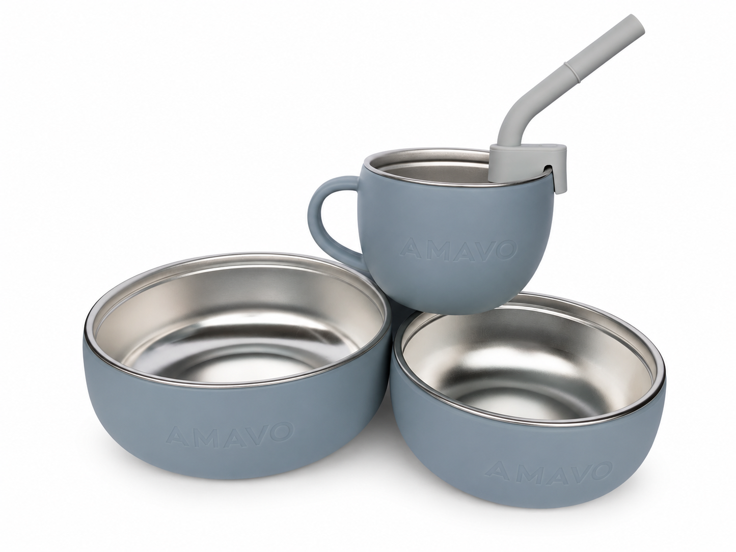 Cuencos ,Taza y Pajita, Sistema 2 en 1 para Bebé de Acero Inoxidable y Silicona - Libre BPA