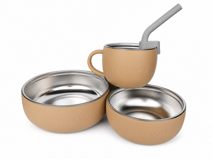 Cuencos ,Taza y Pajita, Sistema 2 en 1 para Bebé de Acero Inoxidable y Silicona - Libre BPA