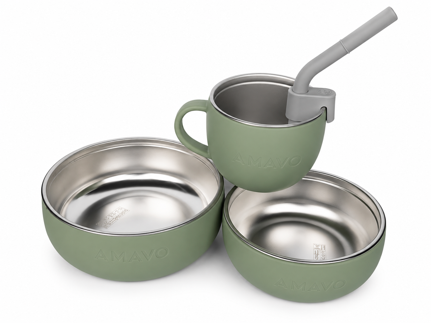 Cuencos ,Taza y Pajita, Sistema 2 en 1 para Bebé de Acero Inoxidable y Silicona - Libre BPA