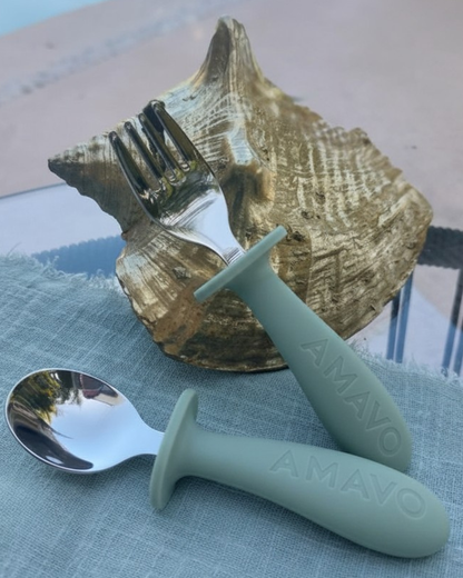 Cubiertos y Babero de Silicona y Acero Inoxidable para Bebé – BLW, Libre de BPA