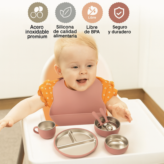 Set Alimentación Ecológico para Bebés (7 piezas) - Silicona con ventosa + Acero Inoxidable