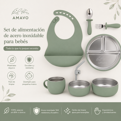 Cuencos ,Taza y Pajita, Sistema 2 en 1 para Bebé de Acero Inoxidable y Silicona - Libre BPA