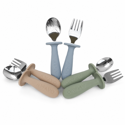 Cubiertos y Babero de Silicona y Acero Inoxidable para Bebé – BLW, Libre de BPA