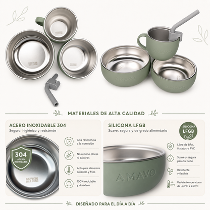 Cuencos ,Taza y Pajita, Sistema 2 en 1 para Bebé de Acero Inoxidable y Silicona - Libre BPA