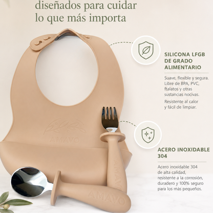 Cubiertos y Babero de Silicona y Acero Inoxidable para Bebé – BLW, Libre de BPA