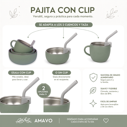 Cuencos ,Taza y Pajita, Sistema 2 en 1 para Bebé de Acero Inoxidable y Silicona - Libre BPA