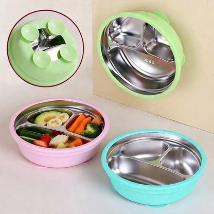 Plato hondo para bebé de acero inoxidable y silicona con ventosas ideal para baby led weaning y alimentación complementaria.