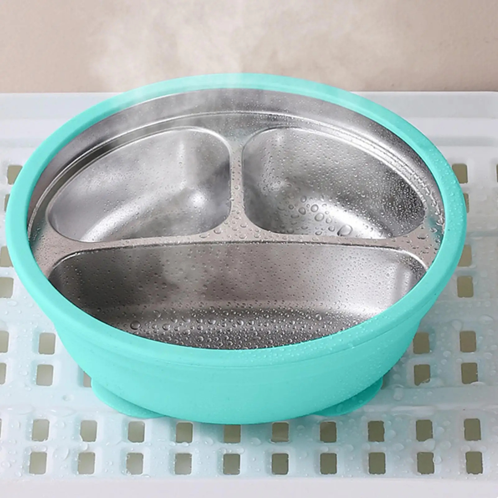 Plato hondo de acero inoxidable y silicona para bebé apto para lavavajillas  seguro y duradero.