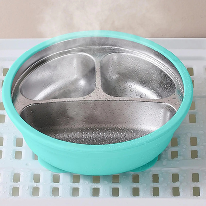 Plato hondo de acero inoxidable y silicona para bebé apto para lavavajillas  seguro y duradero.