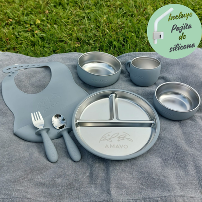 Set alimentación bebé BLW Amavo Colección Semilla 8 piezas — plato dividido acero inoxidable grabado, cuencos 2 en 1, taza, babero silicona, cubiertos y pajita color Éther
