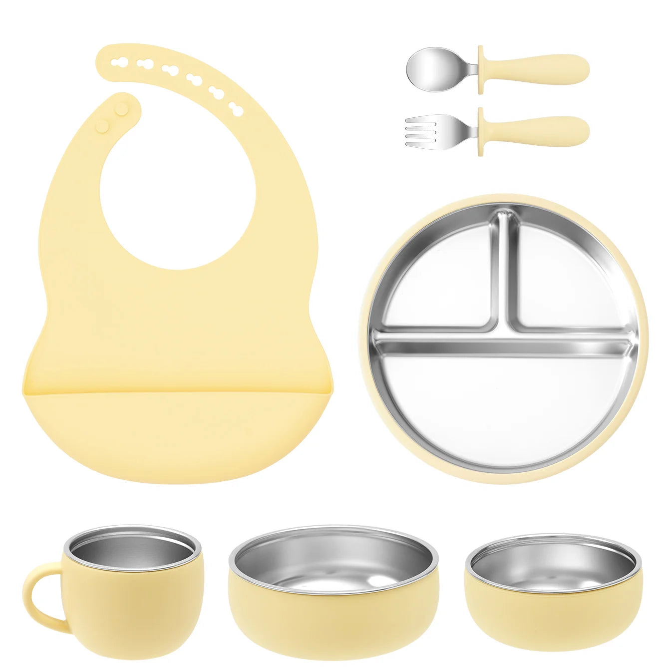 Set de alimentación para bebé de 7 piezas acero inoxidable y silicona de grado alimentario amarillo pastel.