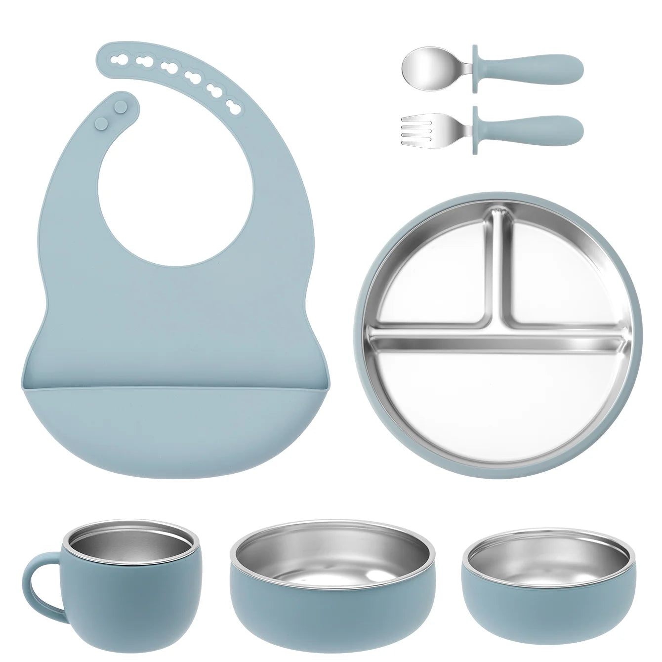 Set de alimentación para bebé de 7 piezas acero inoxidable y silicona de grado alimentario azul humo.