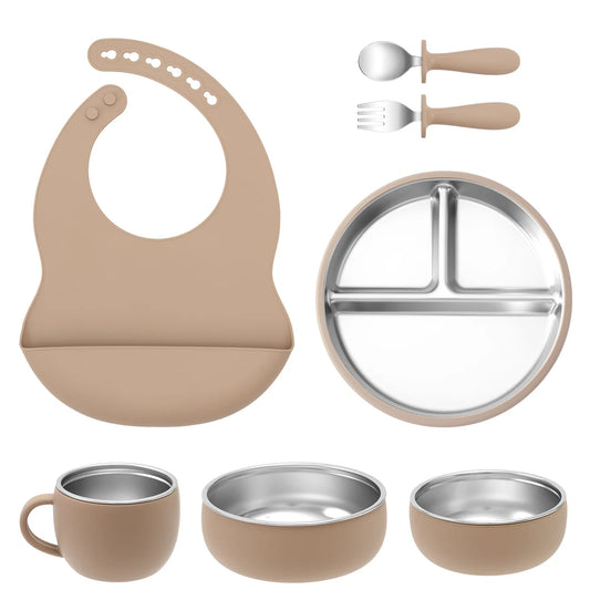 Set de alimentación para bebé baby led weaning en acero inoxidable y silicona de grado alimentario. Plato dividido con ventosa, cuencos, cubiertos ergonómicos y babero recogemigas