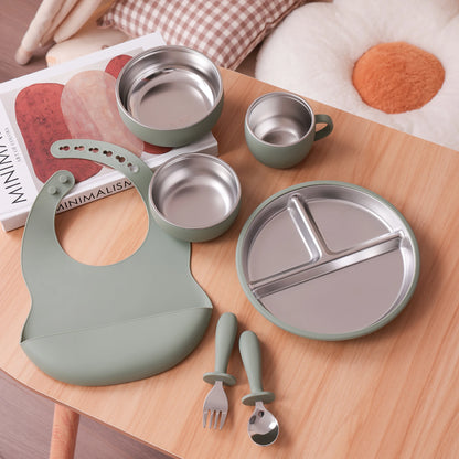 Conjunto de alimentación para bebé de  acero inoxidable y silicona grado alimentario de 7 piezas con plato dividido y antideslizante con ventosas