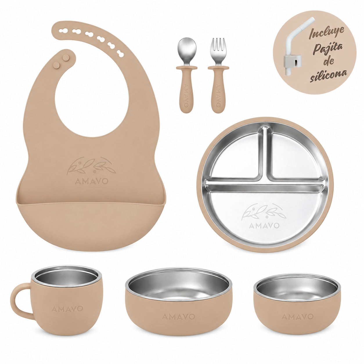 Set alimentación bebé BLW Amavo Colección Semilla 8 piezas — plato dividido acero inoxidable grabado, cuencos 2 en 1, taza, babero silicona, cubiertos y pajita color Lino
