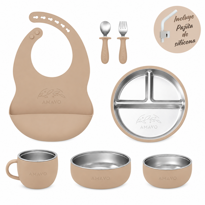 Set alimentación bebé BLW Amavo Colección Semilla 8 piezas — plato dividido acero inoxidable grabado, cuencos 2 en 1, taza, babero silicona, cubiertos y pajita color Lino