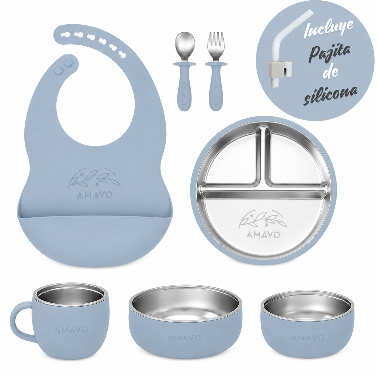 Set alimentación bebé BLW Amavo Colección Semilla 8 piezas — plato dividido acero inoxidable grabado, cuencos 2 en 1, taza, babero silicona, cubiertos y pajita color Éther