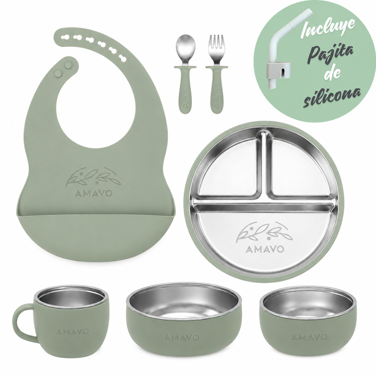 Set alimentación bebé BLW Amavo Colección Semilla 8 piezas — plato dividido acero inoxidable grabado, cuencos 2 en 1, taza, babero silicona, cubiertos y pajita color Salvia.