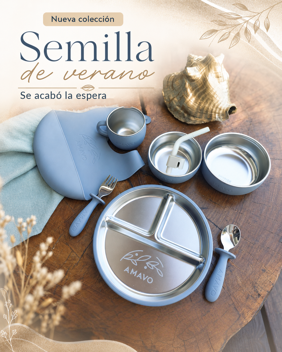 Nueva colección Semilla, vajilla BLW de acero inoxidable y silicona 8 piezas con pajita 