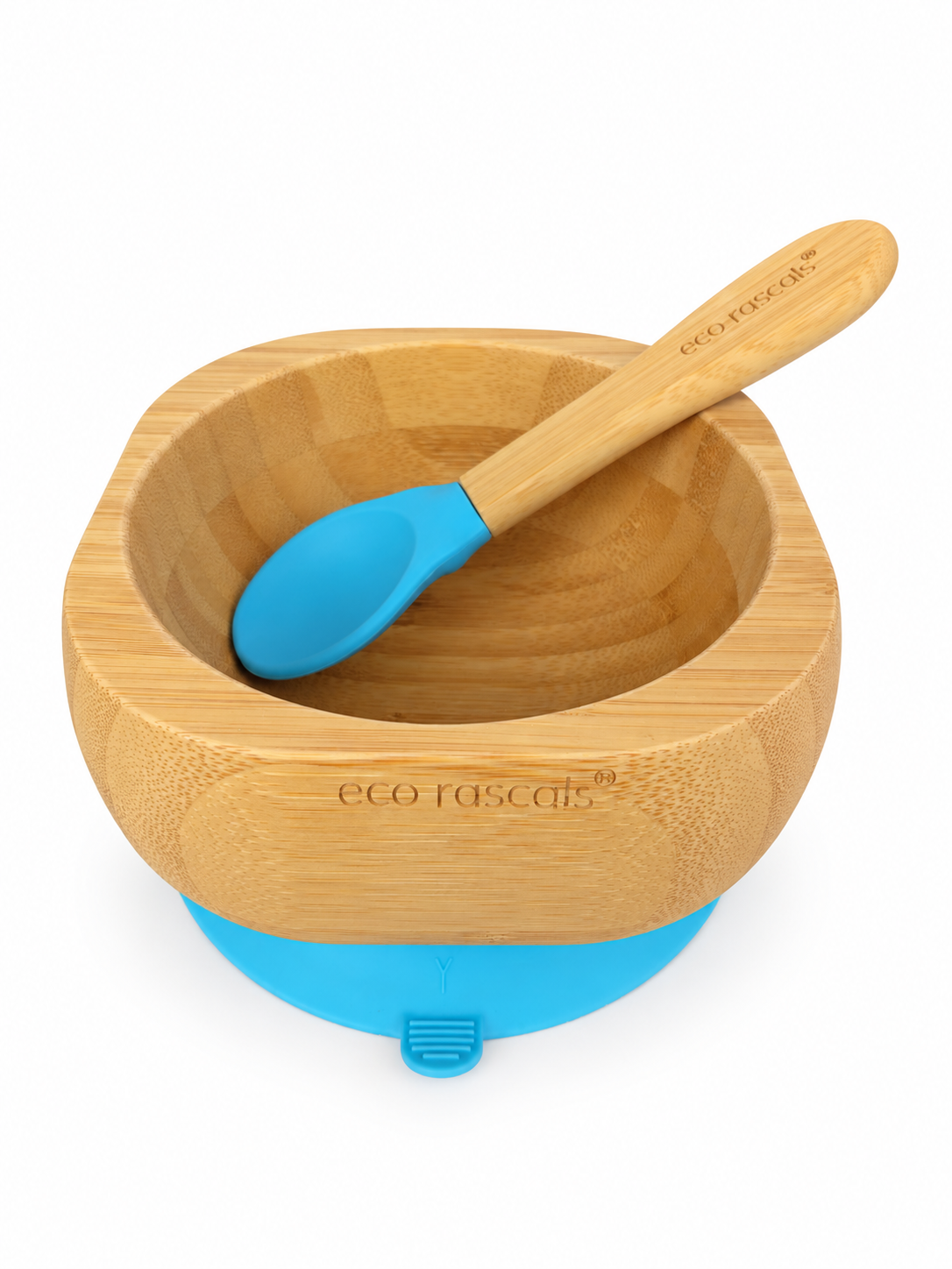 Bol de bambú Eco Rascals con ventosa y cuchara azul, vista superior sobre fondo blanco