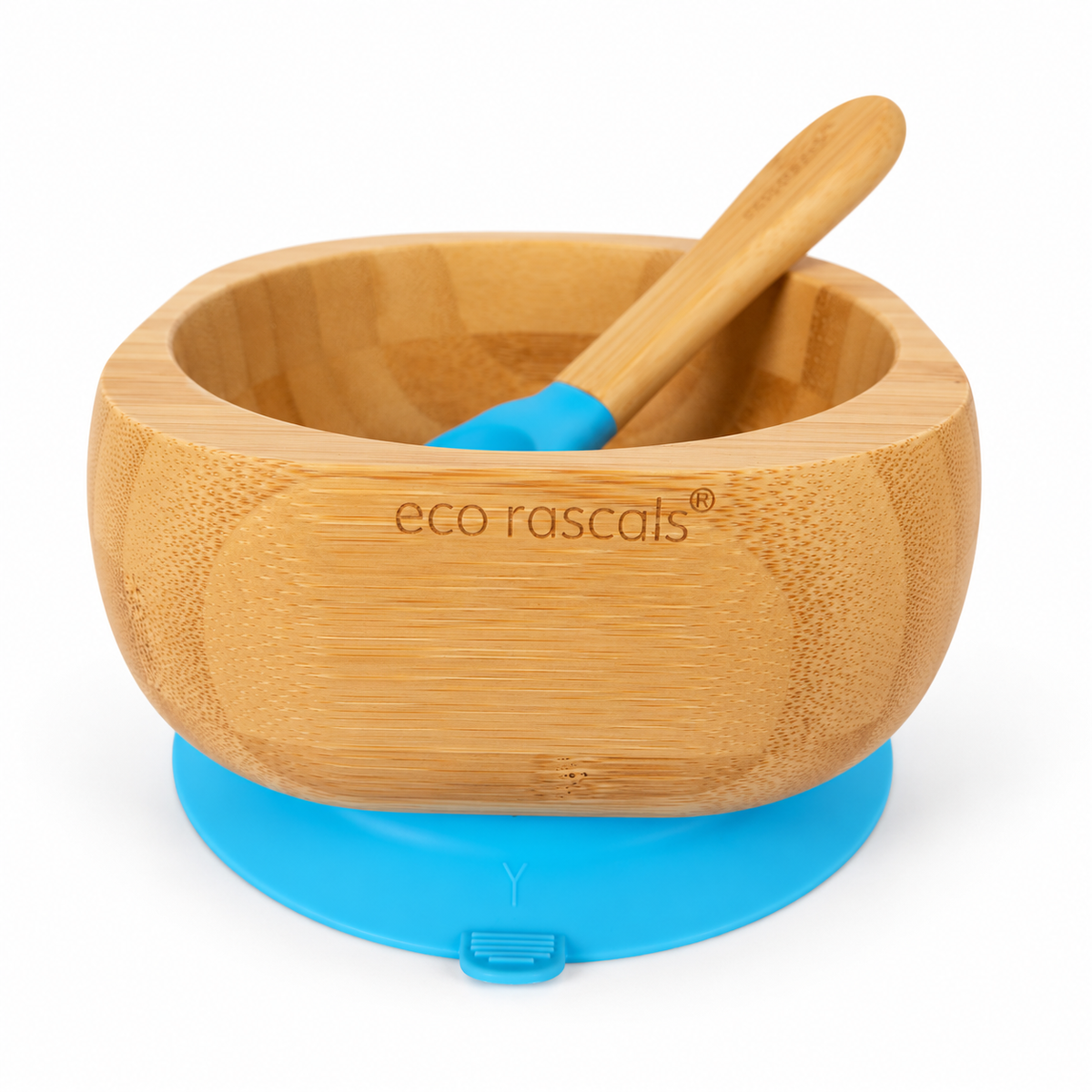 Bol de bambú Eco Rascals con ventosa y cuchara azul, vista frontal sobre fondo blanco