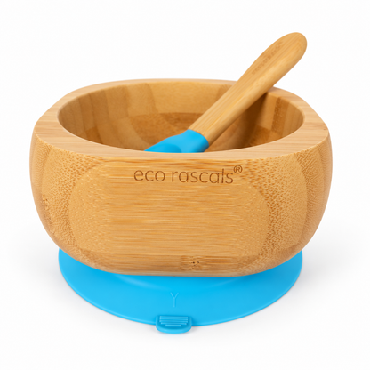 Bol de bambú Eco Rascals con ventosa y cuchara azul, vista frontal sobre fondo blanco