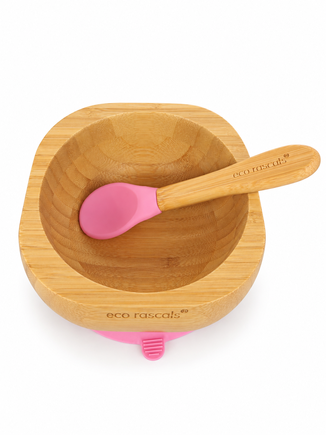 Bol de bambú Eco Rascals con ventosa y cuchara rosa, vista superior sobre fondo blanco