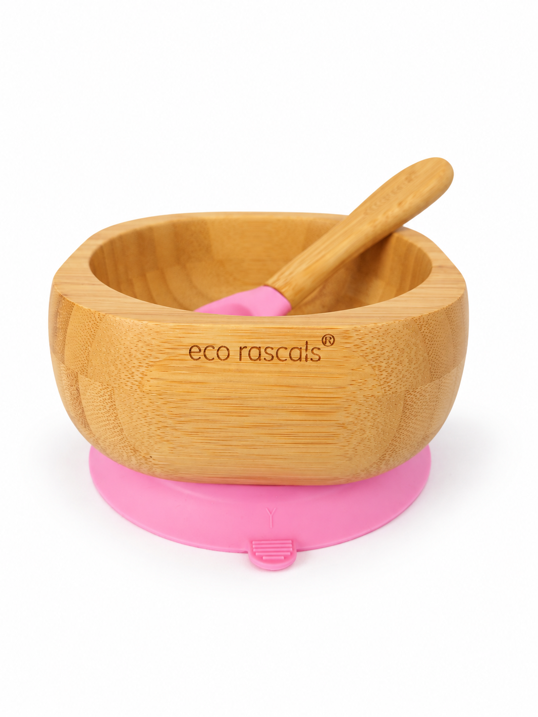 Bol de bambú Eco Rascals con ventosa y cuchara rosa, vista frontal sobre fondo blanco