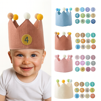 Niño con corona Montessori de algodón natural en su cumpleaños — ligera, cómoda y segura