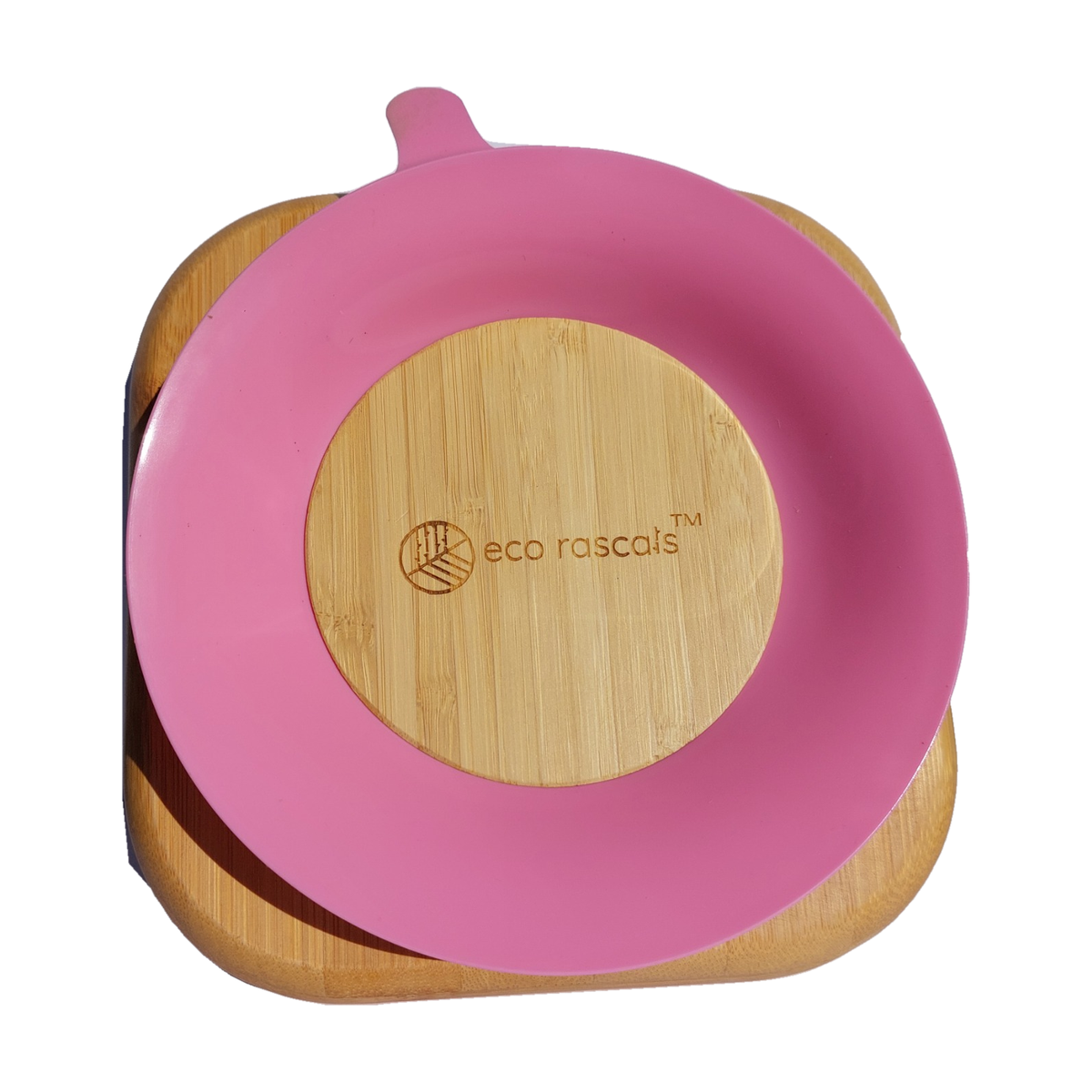 Parte inferior del plato cuadrado Eco Rascals rosa con ventosa y contorno completo sobre fondo blanco