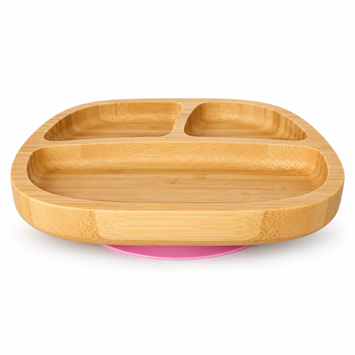 Plato rectangular Eco Rascals de bambú con tres compartimentos visto en ángulo, ventosa rosa visible sobre fondo blanco