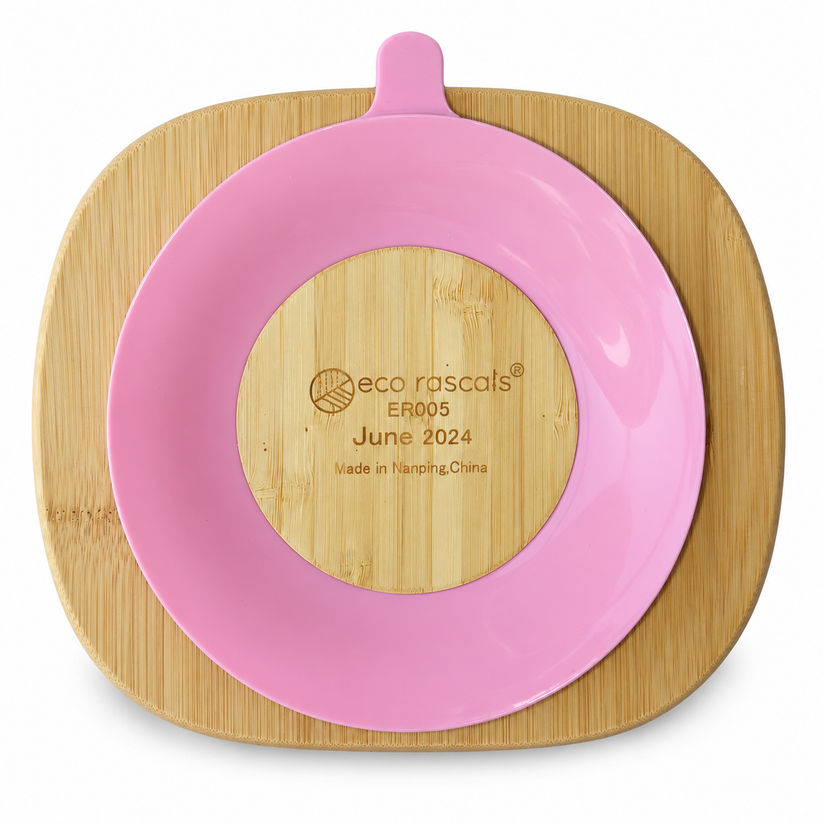 Parte inferior del plato rectangular Eco Rascals con ventosa rosa sobre fondo blanco