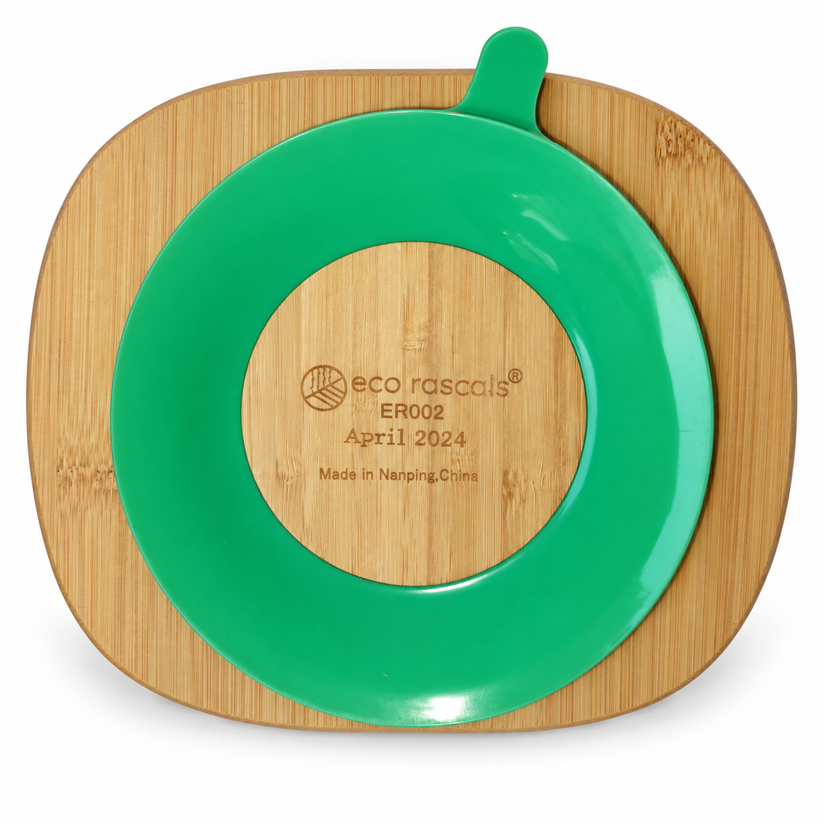 Parte inferior del plato rectangular Eco Rascals con ventosa verde sobre fondo blanco