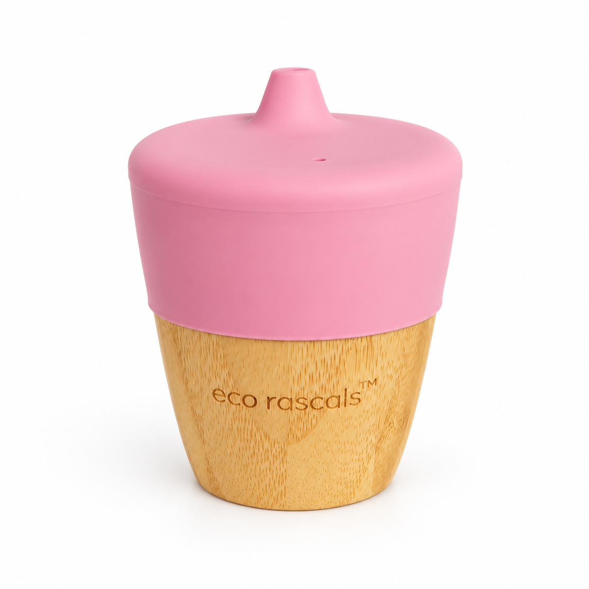Vaso Sippy Eco Rascals de bambú con tapa rosa de silicona sobre fondo blanco