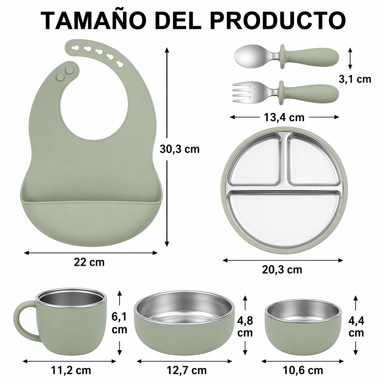Set de alimentación para bebé de acero inoxidable y silicona de grado alimenticio con medidas de los productos del set incluido plato dividido con ventosas antideslizantes