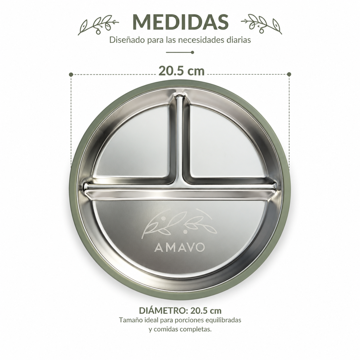 Diseño y medidas del plato dividido de acero inoxidable y silicona de grado alimentario para bebé, BLW y alimentación complementaria Amavo