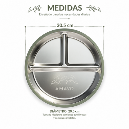 Diseño y medidas del plato dividido de acero inoxidable y silicona de grado alimentario para bebé, BLW y alimentación complementaria Amavo