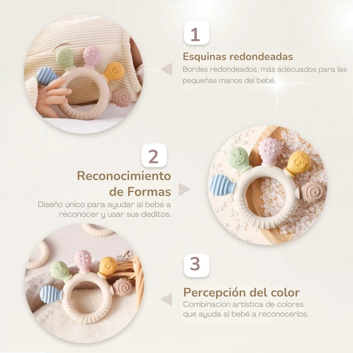 Bebé usando mordedor natural de silicona para aliviar las encías