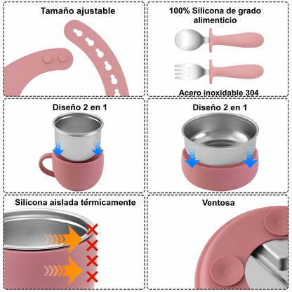 Set Alimentación Ecológico para Bebés (7 piezas) - Silicona con ventosa + Acero Inoxidable